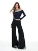 Pantalones de Traje Elásticos Negros para Mujer, Novedad Otoño Cintura Baja Simples Elegantes Casuales Con Caída Ajustados Versátiles Ligeramente Acampanados