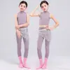 Traje de danza jazz para niñas, top morado de alta gama con un pequeño cuello alto, conjunto de yoga, body, traje de baile de espectáculo jazz para niñas