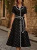 Vestido Elegante Francês 2026 Transfronteiriço Europeu e Americano Amazon Poá Decote V Botões Amarração na Cintura Drapê Ajuste na Cintura
