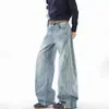 Jeans estilo americano com lavagem, listras laterais e barra curva para homens e mulheres, modelagem solta, calça longa levemente boca de sino, jeans boca de sino masculino para o outono