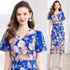 Vestido Elegante de Verão com Aplique Tridimensional Bordado Pesado, Mangas Bufantes, Decote V e Fenda