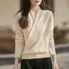 Suéter de Lana Pura con Cuello Cruzado para Mujer, Corte Ajustado, Elegante y Único, Adecuado como Capa Base, Suéter Pulóver Estilo Retro Otoño e Invierno