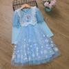 Nuevo Vestido de Princesa de Terciopelo Falda con Velo Europeo y Americano Vestido de Niña de Manga Larga Elsa Frozen Niños Medianos y Mayores