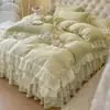 Estilo Princesa Coreana Renda Acolchoada Saia de Cama Conjunto de Quatro Peças Capa de Edredom Colcha Menina Algodão Lavável Roupa de Cama