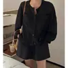 Conjunto de shorts con cordón para mujer, conjunto de dos piezas de verano con camiseta de manga larga holgada para protección solar, algodón-lino adelgazante estilo nuevo 2025, cuello redondo