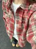 Jaqueta Camisa Xadrez Vermelho Retrô Americana para Mulheres no Outono e Inverno Camisa Espessa Escovada de Manga Longa Top Casual Preguiçoso