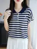 Nuevo Top de Manga Corta Rayado Bordado con Solapa Estilo Coreano Chic Adelgazante Transpirable Amigable con la Piel Versátil Capa Base para Mujer