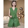 Traje Verde Casual de Moda para Mujer 2025 Verano Nuevo Elegante Adelgazante Juvenil Conjunto de Dos Piezas con Chaleco y Shorts