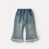 Pantalones Largos Ajustados Dulces con Lazo para Bebés y Niñas Pequeñas, Nuevo Estilo Otoño, Pantalones Acampanados de Mezclilla con Adorno de Encaje a Cuadros