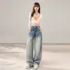 Foto Real Jeans Americano Retrô Wide Leg Perna de Tesoura Feminino Outono 2026 Novo Cintura Baixa Solto Caimento Comprimento Total Calças