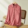 Camisa de Algodón Cepillado Color Rojo Rosa para Mujer, Manga Larga, Nuevo Diseño Primavera 2026, Elegante Cuello de Solapa, Camisa Casual de Algodón Puro