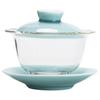 Taza de té de tres piezas con tapa de vidrio azul y blanco del fabricante, Tazón de té resistente al calor, Juego de té de cerámica, Tazón de té con tapa, Antiescaldado