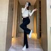 5861# toma real nuevos pantalones acampanados de cintura alta leggings cintura elástica cruzada ajustados Joker pantalones de mujer negros