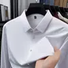 Camisa masculina de manga longa, elástica, sem costura e de alta qualidade, nova para primavera/outono, cor sólida, casual de negócios, não amassa, para homens de meia-idade