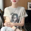 Camiseta básica de punto fino con cuello redondo y manga corta, estilo coreano, simple, de verano, nueva, elegante, para niña, estampada, corte ajustado, holgada