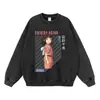 Moletom Preto Lavado Vintage com Estampa, Caimento Solto, Tamanho Grande, Estilo Anime Japonês, Peça de Outono/Inverno, Moletom Gola Redonda, Moletom com Capuz