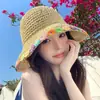 Sombrero de Paja Tejido con Cuentas de Colores para Mujer, Sombrero de Sol de Ala Ancha, Sombrero de Paja de Sol para Vacaciones en la Playa