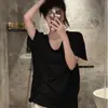 Camiseta branca solta de manga curta estilo coreano, feminina, gola U grande, camisa básica, verão, fina, emagrecedora, cor sólida, top combinando