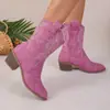 2025 Novas Botas de Cowboy Ocidentais Transfronteiriças Botas de Cavaleiro Femininas de Cano Médio Bordadas Retrô Bico Fino Salto Grosso Cano Médio Algodão