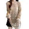 Camisa de Encaje Calada de Ganchillo Estilo Francés de Manga Larga para Mujer, Otoño Talla Grande Holgada de Longitud Media Capa Base