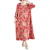 Vestido Longo Estampado Estilo Artístico Novo Primavera e Outono, Gola Redonda, Tamanho Grande Feminino, Algodão Puro, Vestido Longo
