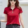 Camisa Polo Manga Curta Feminina 2026 Novidade de Verão Zíper Patchwork Slim Fit Gola Lapela Ombro Normal Top Vermelho Camiseta