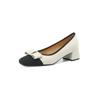 Elegantes y Femeninos Más Fáciles de Combinar Bloque de Color Lazo Primavera 2024 Cuero Genuino Tacón Medio Grueso Punta Cuadrada Piel Vacuna Boca Baja Zapatos Individuales para Mujer