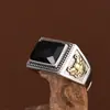 Anillo de Plata S925 Rey Ciervo Dorado Vintage Dorado Desgastado Patrón Retorcido Codicioso Ágata Cuadrada Facetada Anillo para Hombre