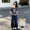 Conjunto Casual para Meninas 2026 Estiloso Verão Novidade Estampada Camiseta Manga Curta Bloomers Perna Larga Conjunto de Duas Peças