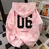 Nova Moletom com Capuz Esportivo Versátil Hip-Hop Design Americano para Mulheres Outono e Inverno Tie-Dye Rosa Solto Preguiçoso