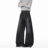 Calça jeans reta masculina lavada com efeito desgastado estilo americano, marca da moda, corte solto, versátil, casual, amarrotada, calça de perna larga para adolescentes