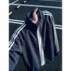 Chaqueta azul marino estilo americano con cuello alto, chaqueta bomber de retazos deconstruida para hombre de otoño, top de silueta corta cuadrada