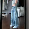Calça Jeans Wide-Leg Azul Rasgada Estilo Americano para Mulheres, Nova Coleção de Verão Tamanho Plus Size Cintura Alta Solta Emagrecedora Perna Reta