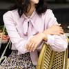 Camisa para Mujer 26 Otoño Nuevo Estilo Corbata de Lazo Cinta Satén Elegante Adelgazante Retro Camisa de Manga Larga para Mujer 7327