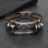 Pulseira de Couro Multicamadas com Contas e Fivela de Aço Inoxidável Estilo Étnico Renda Turquesa Pulseira para Casal Masculino Pulseira