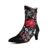 Tacón alto grueso de punta comercio exterior con cuentas 48 costura talla grande tela estampada botas botas de jinete caña corta 40 brogue mujer