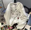 Moletom Branco-Cinza com Estampa de Desenho Animado Fofo Americano Gola Redonda Feminino Outono Inverno Solto Oversize Top de Casal Marca Tendência