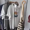 Camiseta Branca de Algodão Puro de Manga Curta Solta para Mulheres, Novo Design Verão 2026 com Estampa de Urso, Tamanho Grande