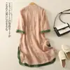 Toma Real de Camisas de Algodón y Lino Estilo Chino Retro de Solapa Oblicua para Primavera y Otoño, Trajes de Té Cheongsam Mejorado de Algodón y Lino Sueltos de Longitud Media