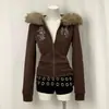 Sudadera con capucha y cremallera ajustada estilo 'Hot Girl' Chaqueta Venta al por mayor Otoño Nuevo Estilo Diseño de cuello de pelo Cárdigan Estampado Retro Marrón