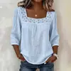 2026 Transfronterizo Amazon Nuevo Verano Color Sólido Casual Cuello Cuadrado Encaje Empalmado Manga Tres Cuartos Algodón y Lino Manga Corta Top para Mujer