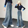 Pantalones de Mezclilla Anchos para Niñas Otoño Nuevo Estilo para Niños Medianos y Grandes Cintura Alta Elásticos Acampanados Estilo Coreano Casual Largos Ropa de Otoño Modernos