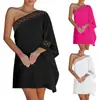 Amazon Aliexpress Wish Estação Independente Ebay Cruzamento de Fronteiras Vestido Feminino Cor Lisa Ombro Assimétrico Renda Costura