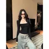 Camiseta negra de estilo americano, pura y seductora, de cuello cuadrado y manga larga para mujer, a la moda, sexy, ajustada y que realza la figura, perfecta como capa interior o camiseta básica