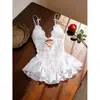 Lencería Sexy de Venta Caliente Europea y Americana en Amazon, Body Sexy de Encaje con Cordones en la Espalda, Estilo Deseo Puro de Escote Profundo para Mujeres