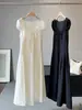 Vestido Francés de Cuello en U Manga Corta para Mujer, Nuevo Estilo de Verano, Estilo Vacacional, Mangas Abullonadas, Tirantes, Ceñido a la Cintura, Adelgazante, Falda Larga de Corte A