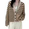 Nuevo Suéter Abrigo de Punto Grueso con Bloques de Color, Cuello en V Rayado Casual Vintage Estilo Coreano Otoño/Invierno para Mujer