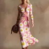 Vestido de punto de manga larga con cuello en V de estilo nuevo transfronterizo con elementos de impresión digital 3D, falda de moda y personalizada entallada a la cintura para mujer