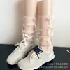 Conjunto de Piernas con Lazo Rosa Estilo Miu para Mujer Primavera y Otoño Calcetines de Punto Estilo Gris Calcetines Blancos Apilados en la Pantorrilla Estilo Ballet