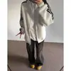 Sudadera cárdigan a rayas azul marino para hombre, atuendo ootd de pareja, marca trendy americana, chaqueta casual retro con cuello mao con cremallera